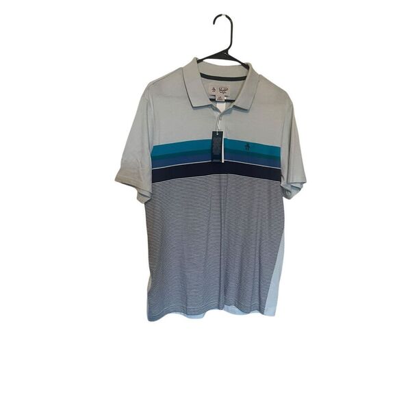 NEW Original Penguin Mens Ballad Blue Engineered Stripe Polo Shirt Large - Picture 1 of 12